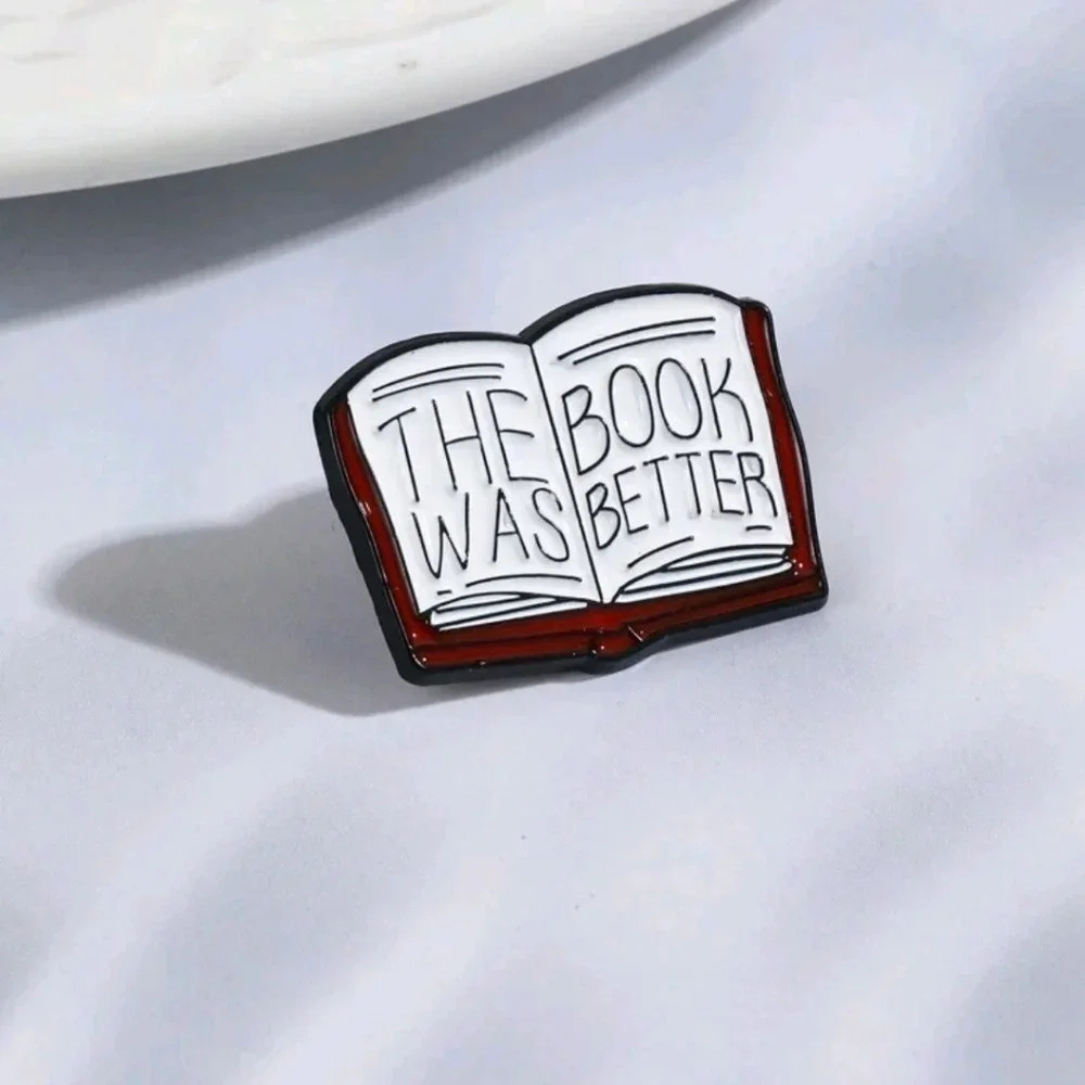 The book was better white red library enamel pin brooch charm purse bag decor